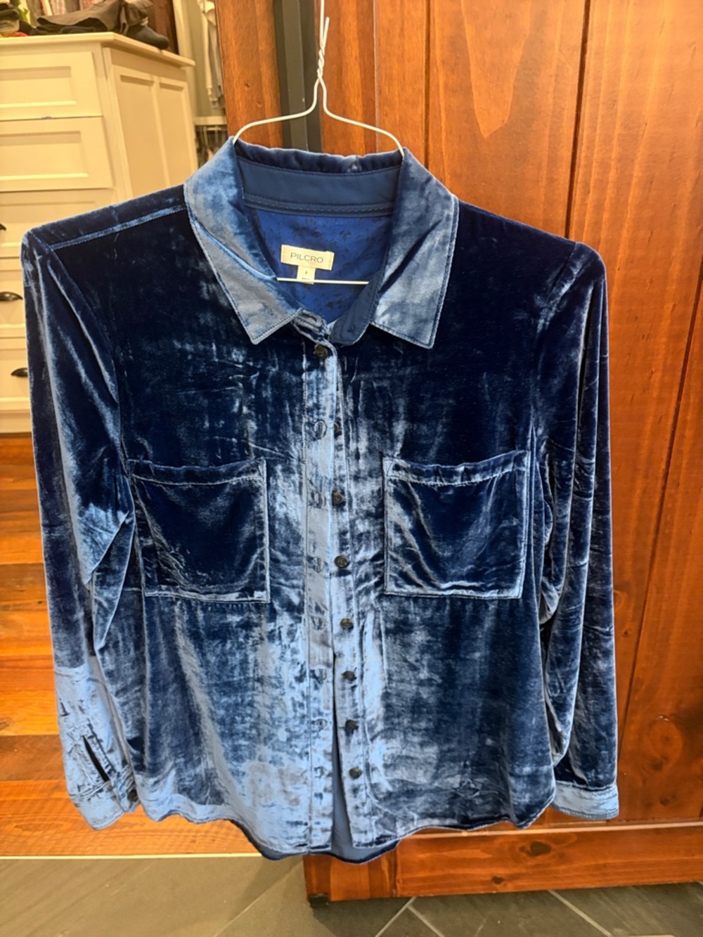 Pilcro Velvet Button-Front Shirt Jacket in Navy Blue